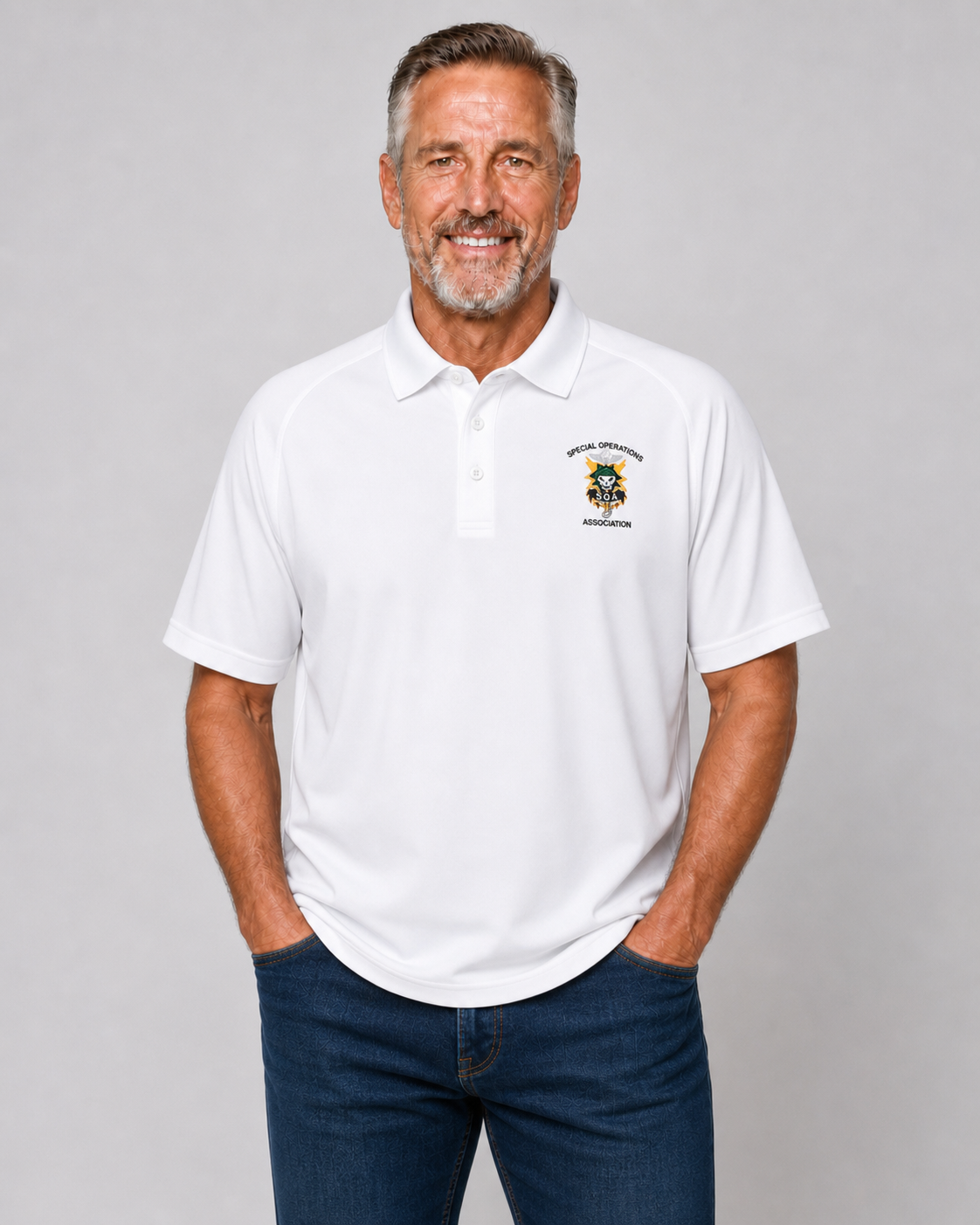 Polo Shirt, Dry fit W/SOA logo Embroidered-White