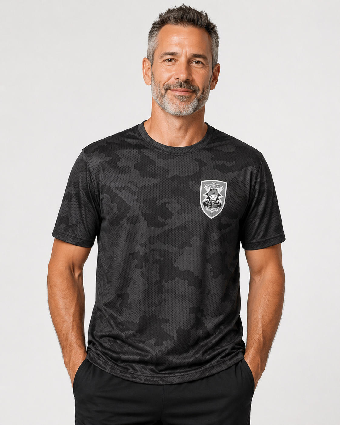 Tshirt Charcoal Camo Cool Dry W/SOG Shield logo left breast
